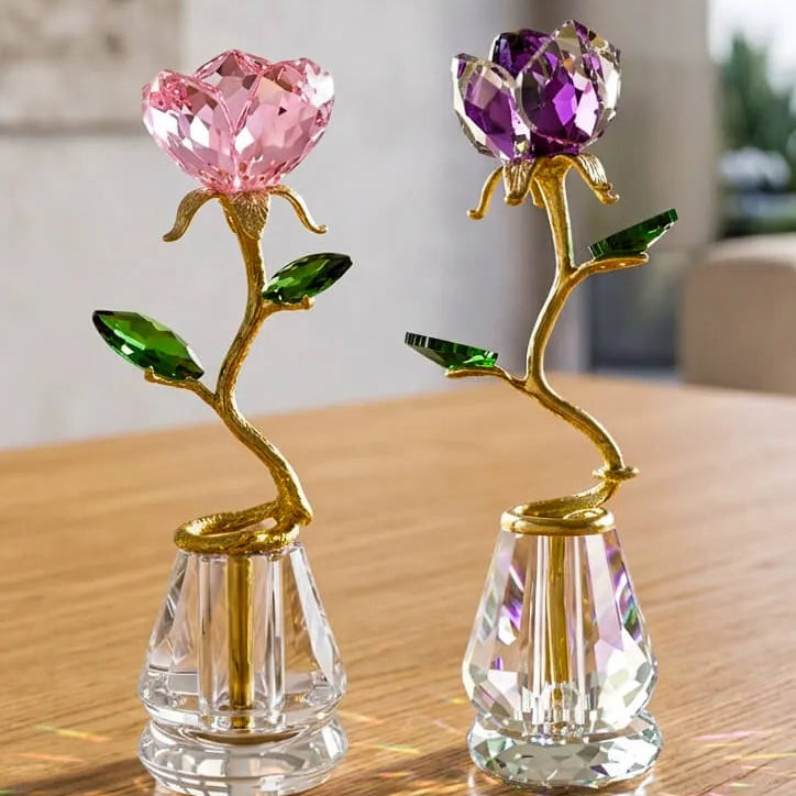 Crystal rose flower duo set with purple blooms and gold stems