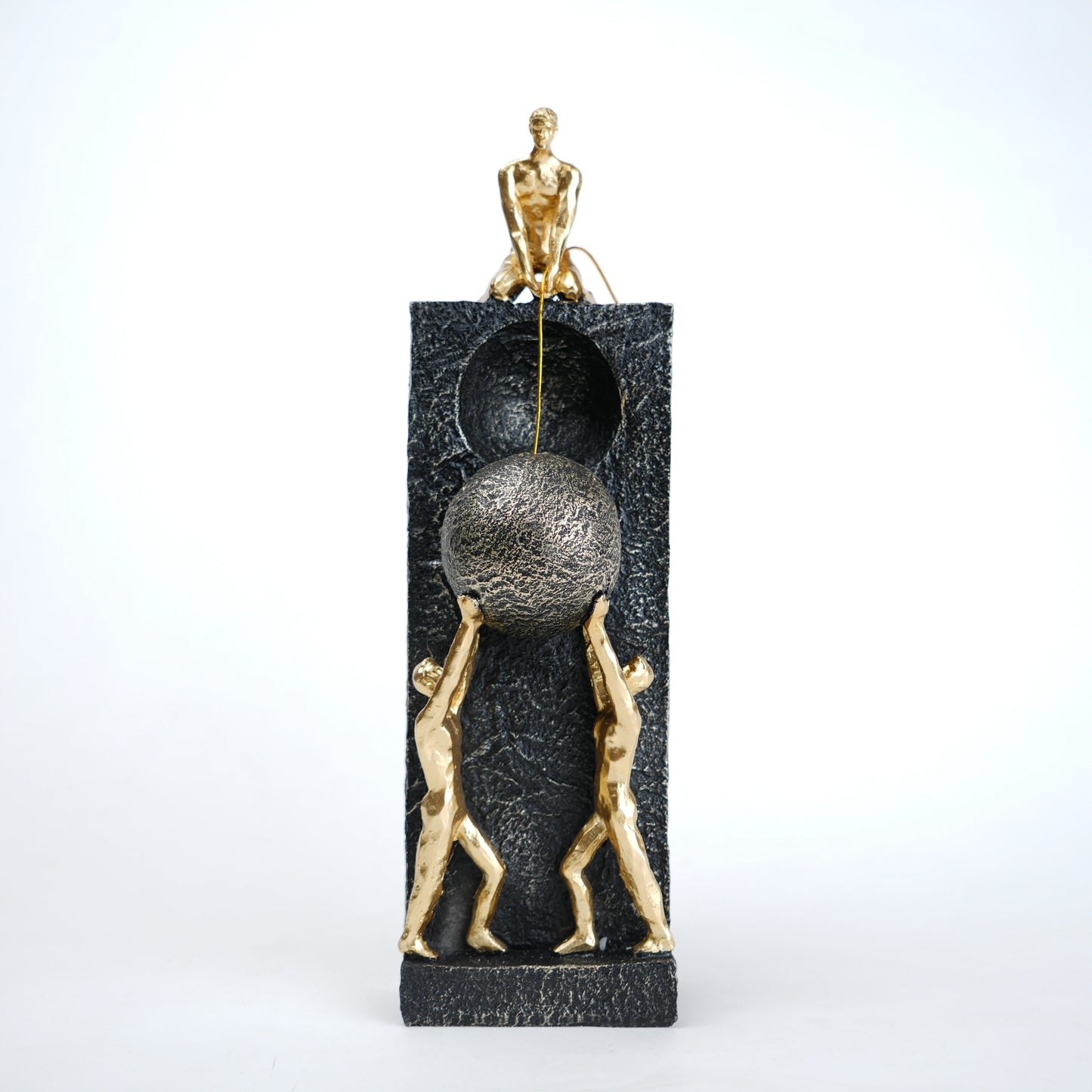 Teamwork figurine sculpture lifting sphere on textured stone base in black and white variants