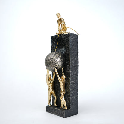 Teamwork figurine sculpture lifting sphere on textured stone base in black and white variants