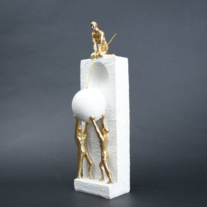 Teamwork figurine sculpture lifting sphere on textured stone base in black and white variants