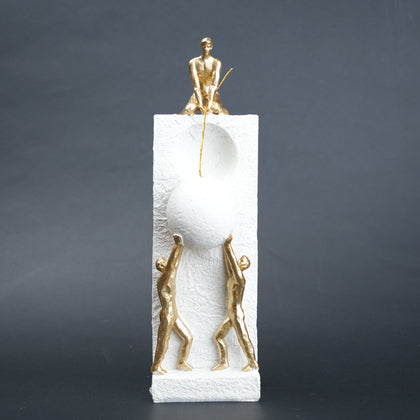 Teamwork figurine sculpture lifting sphere on textured stone base in black and white variants