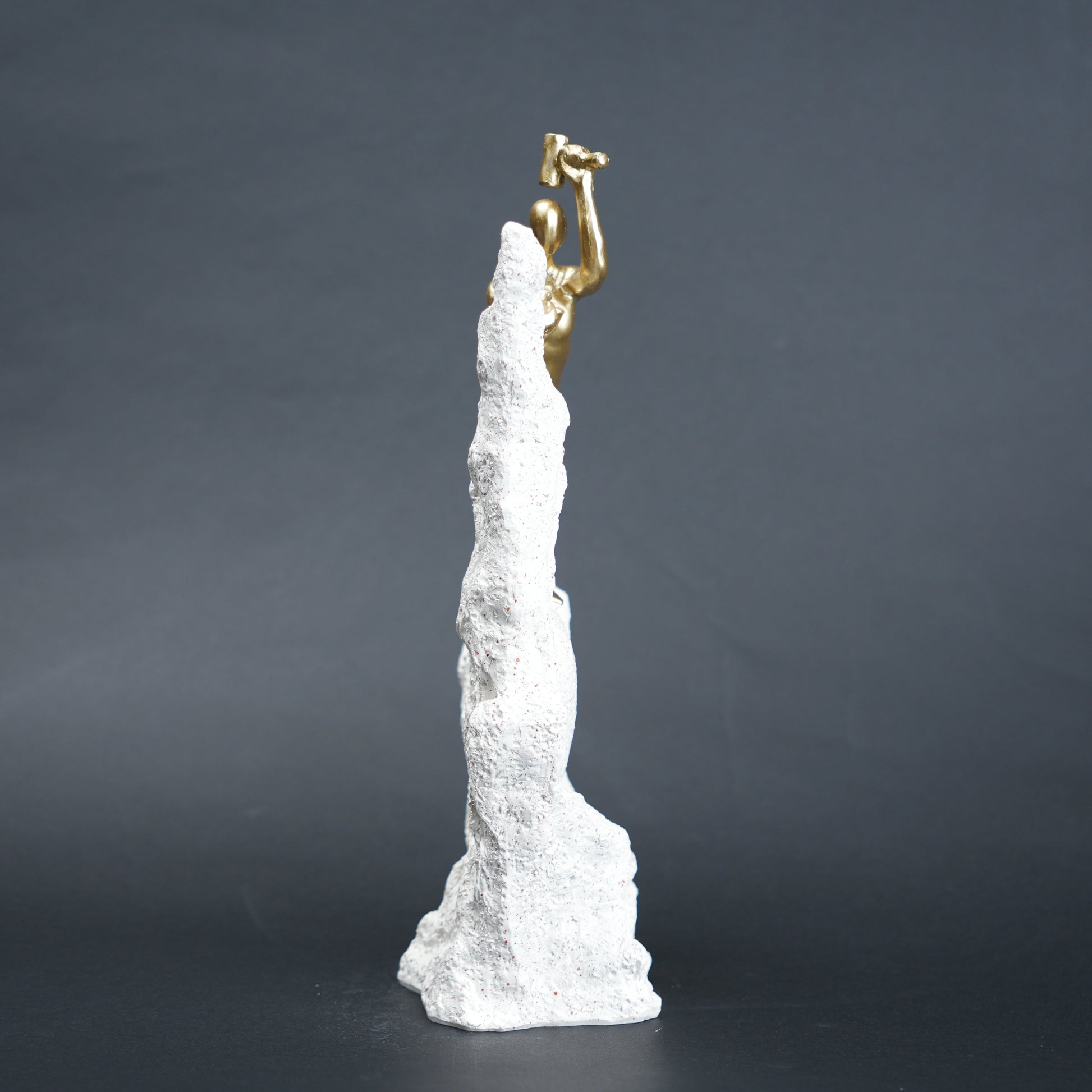 Teamwork climber figurine with gold figures pushing metallic sphere on textured rock base in black and white variants