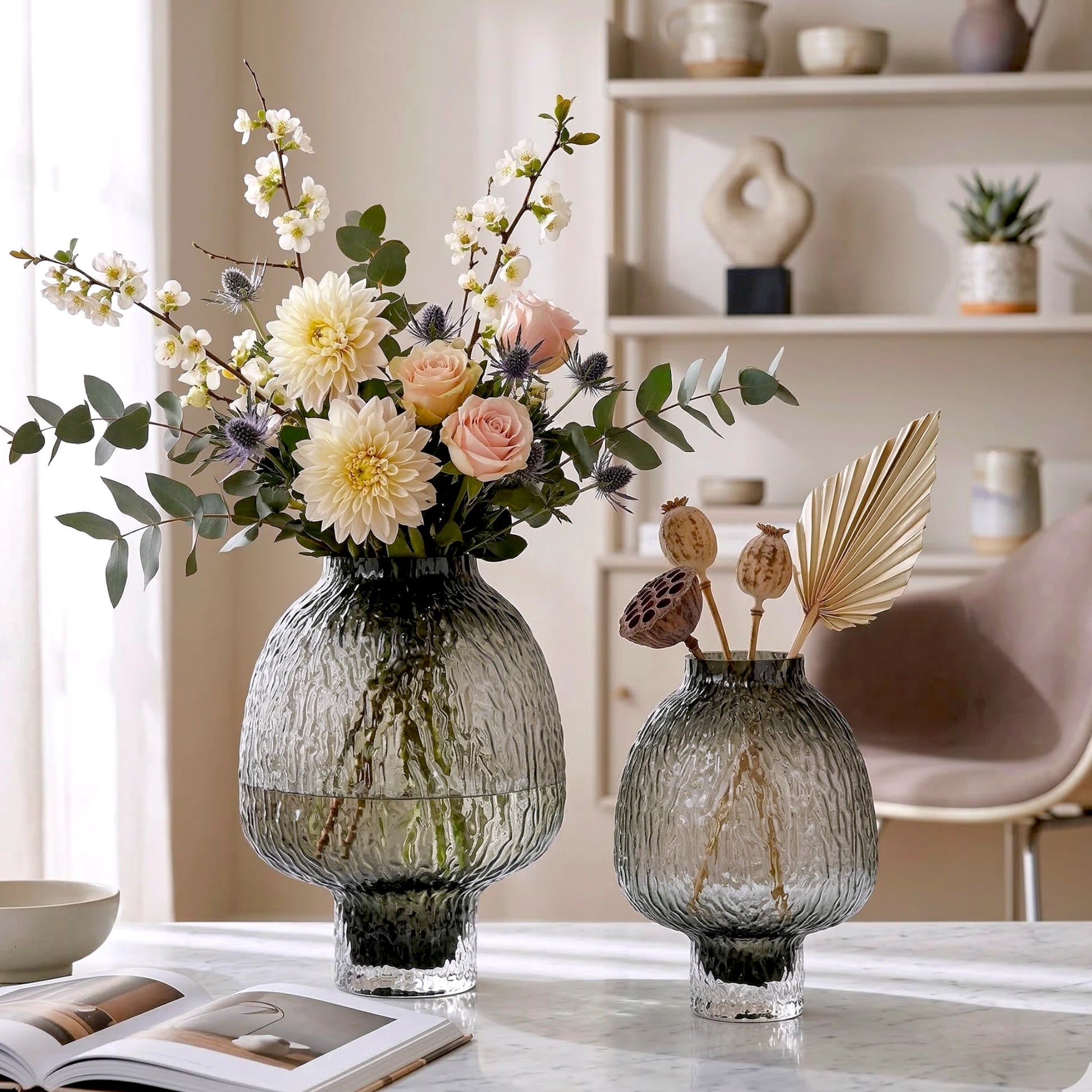 Olive charcoal vase pair w/ dahlias, marble