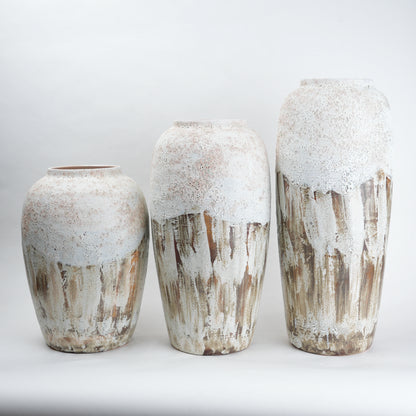 Textured ceramic decorative vases with hand-painted mountain landscape artwork in three sculptural shapes