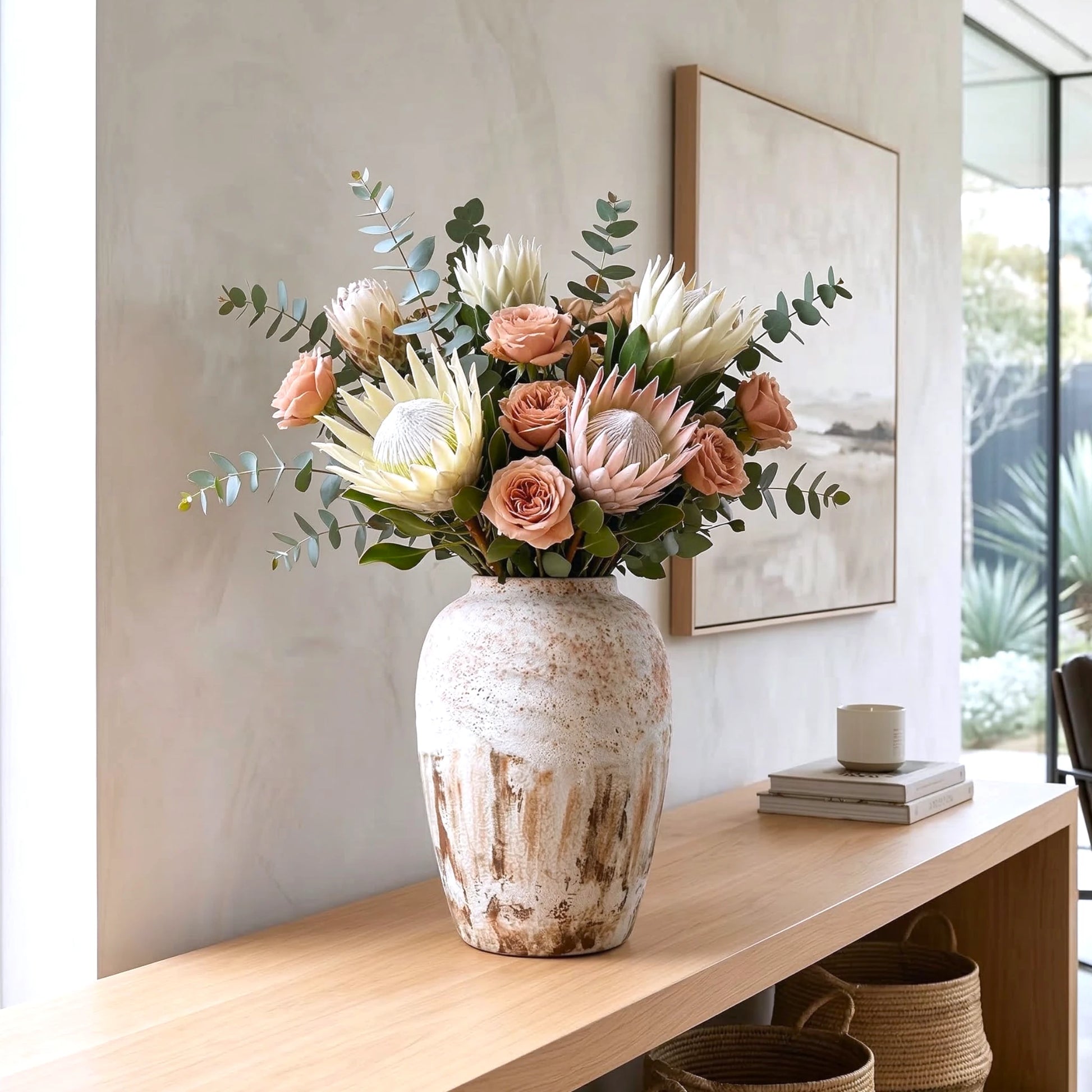 Textured ceramic decorative vases with hand-painted mountain landscape artwork in three sculptural shapes