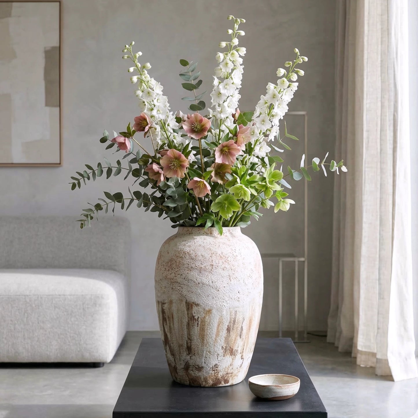 Textured ceramic decorative vases with hand-painted mountain landscape artwork in three sculptural shapes