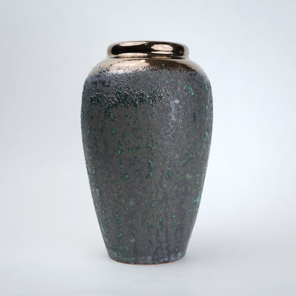 green charcoal ceramic vase with patina texture and bronze neck