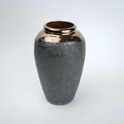 green charcoal ceramic vase with patina texture and bronze neck