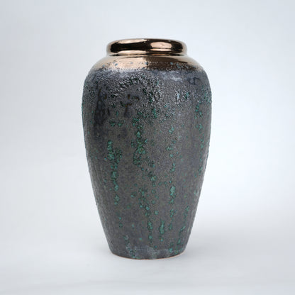 green charcoal ceramic vase with patina texture and bronze neck