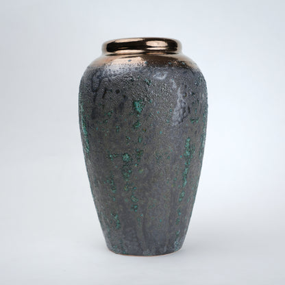 green charcoal ceramic vase with patina texture and bronze neck