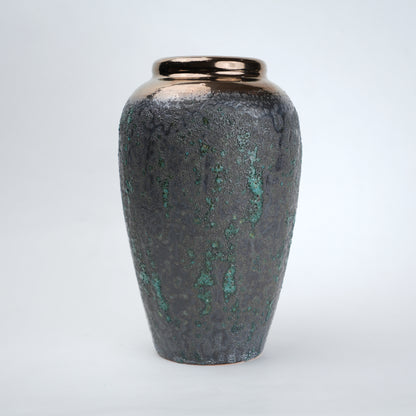 green charcoal ceramic vase with patina texture and bronze neck