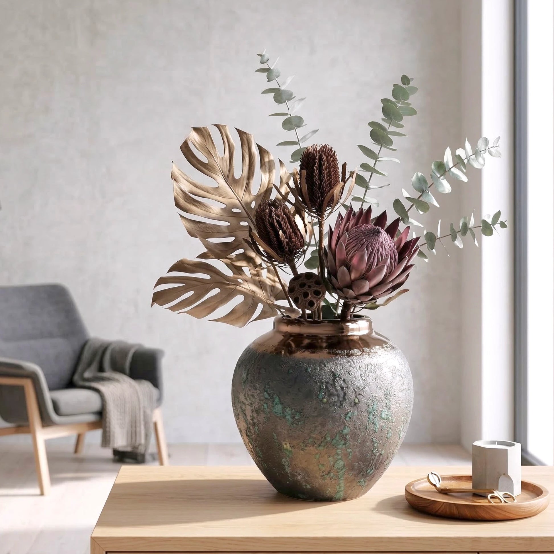 green charcoal ceramic vase with patina texture and bronze neck
