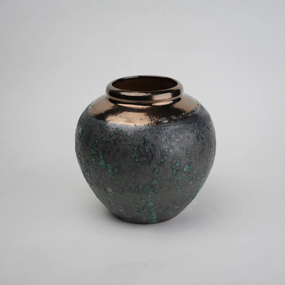 green charcoal ceramic vase with patina texture and bronze neck