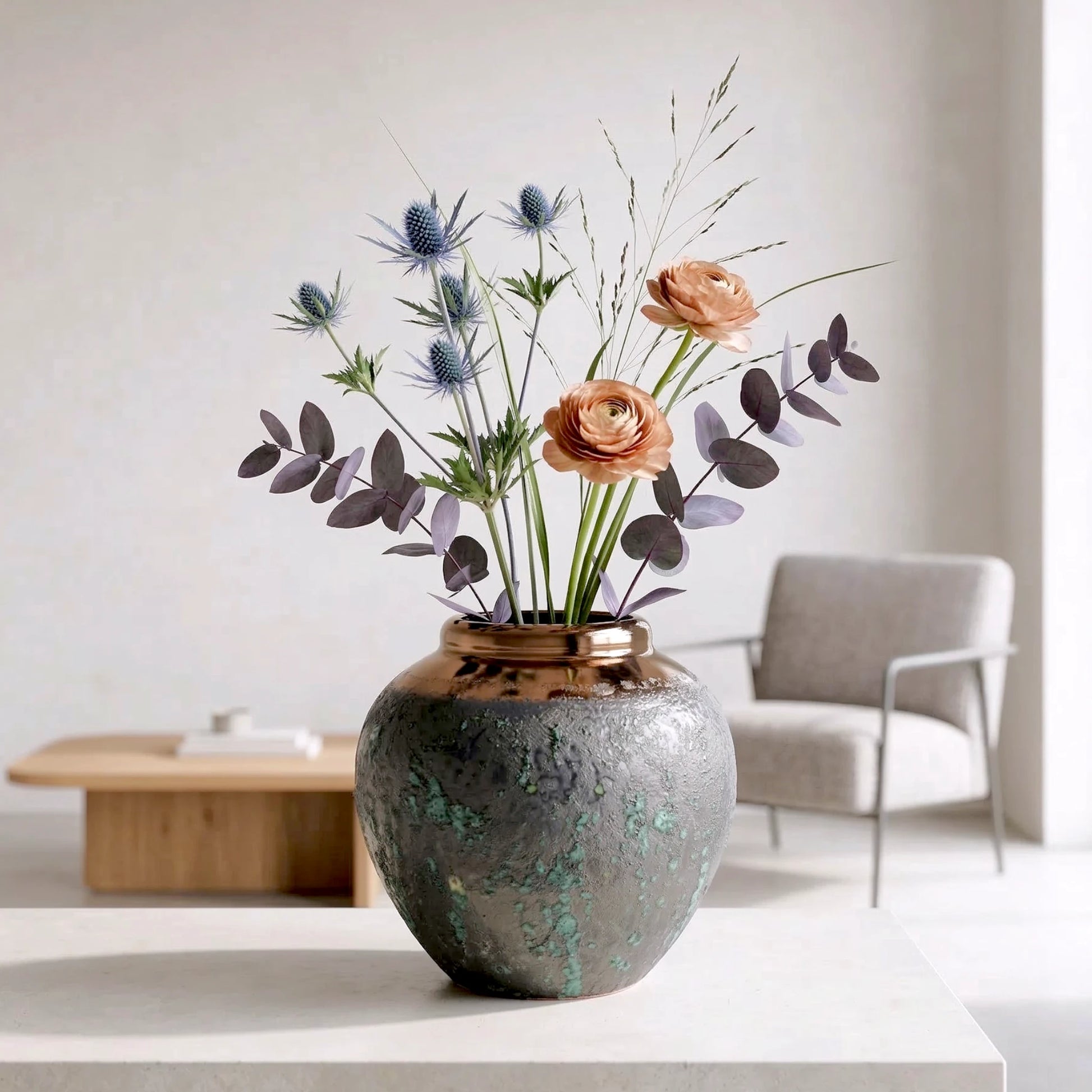 green charcoal ceramic vase with patina texture and bronze neck