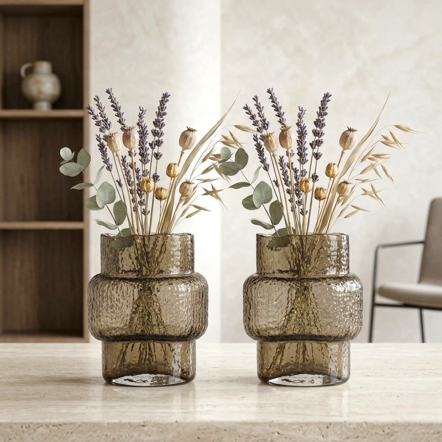 Amber banded vase pair, lavender on travertine
