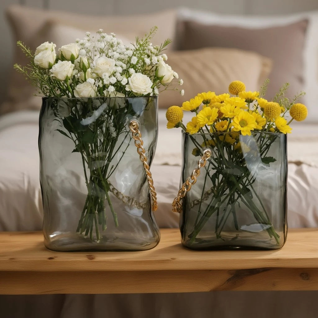 Gold chain grey vase pair, bedroom bench