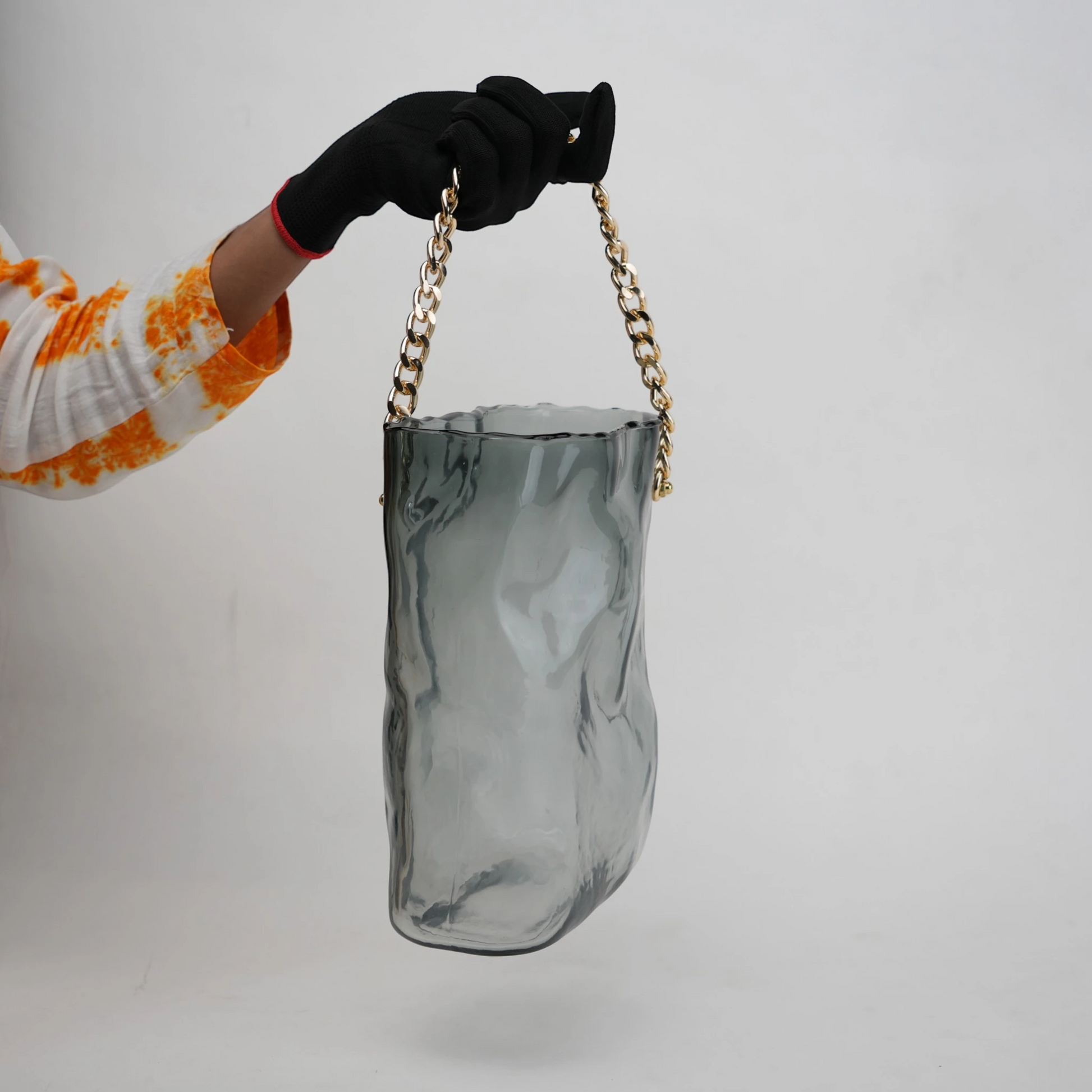grey chain glass vase with gold chain detail