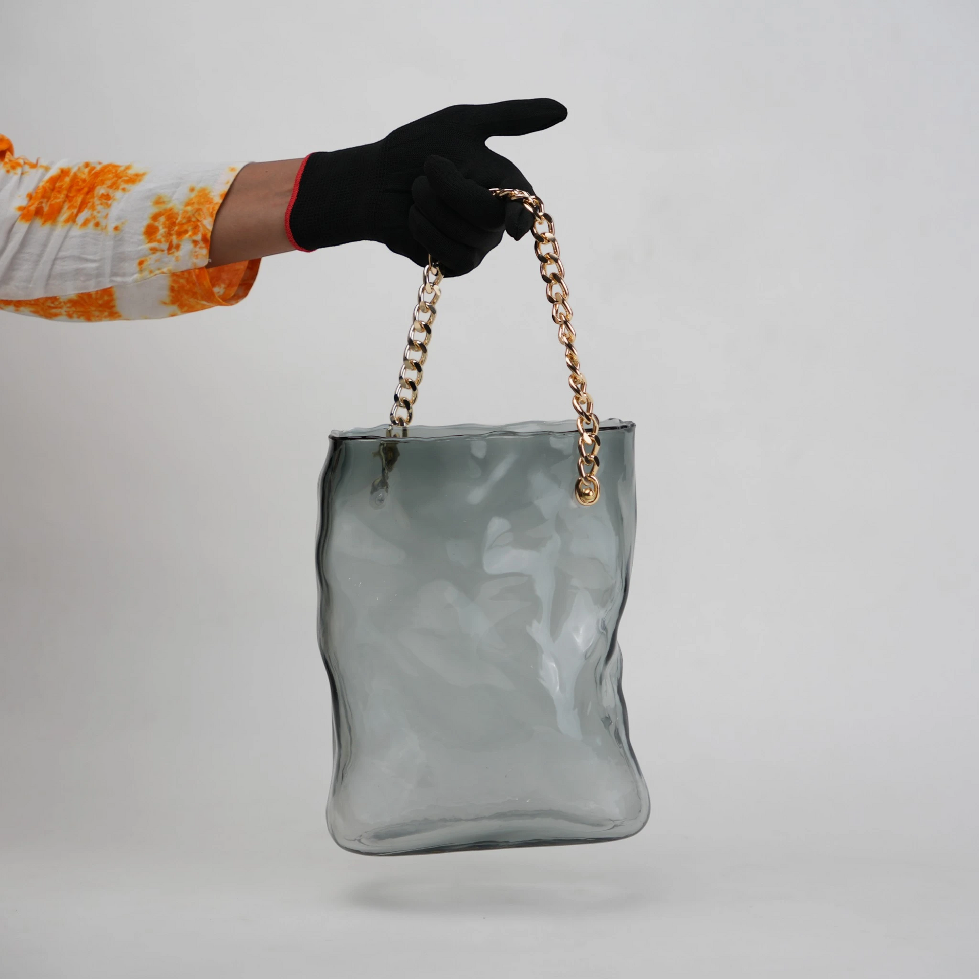 grey chain glass vase with gold chain detail