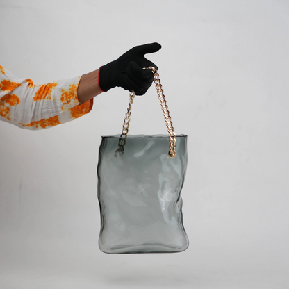 grey chain glass vase with gold chain detail