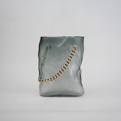 grey chain glass vase with gold chain detail