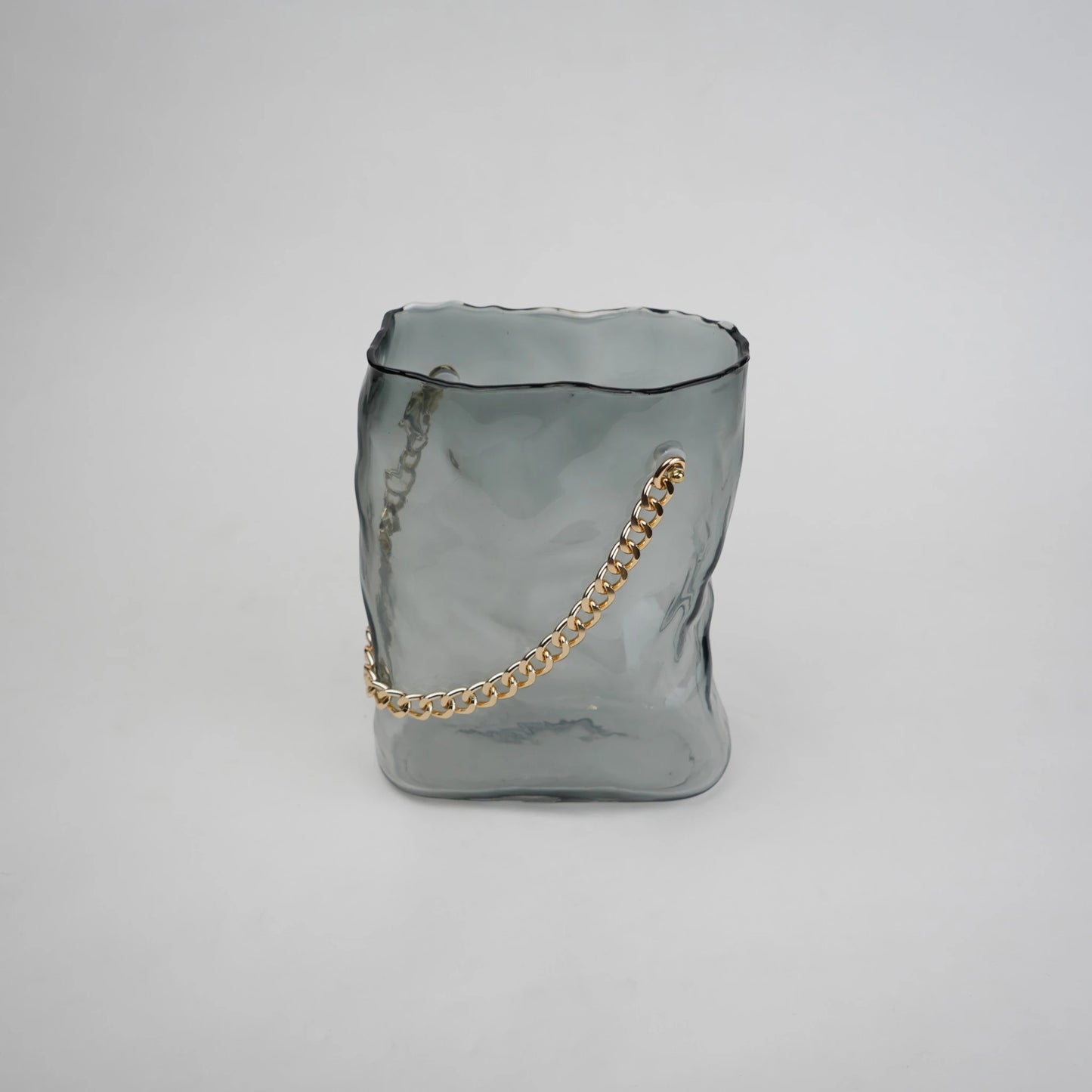 grey chain glass vase with gold chain detail