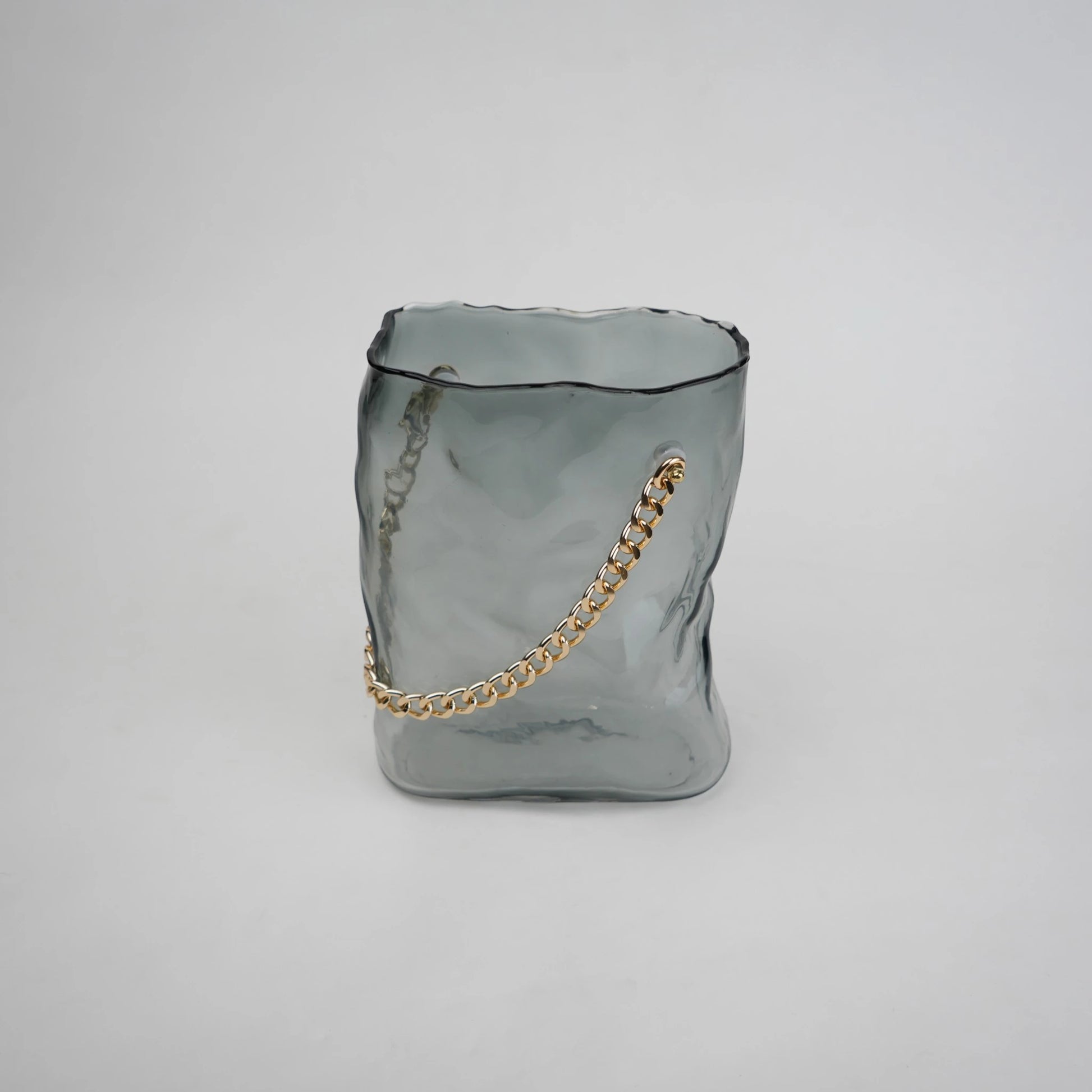 grey chain glass vase with gold chain detail