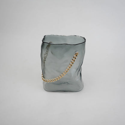 grey chain glass vase with gold chain detail