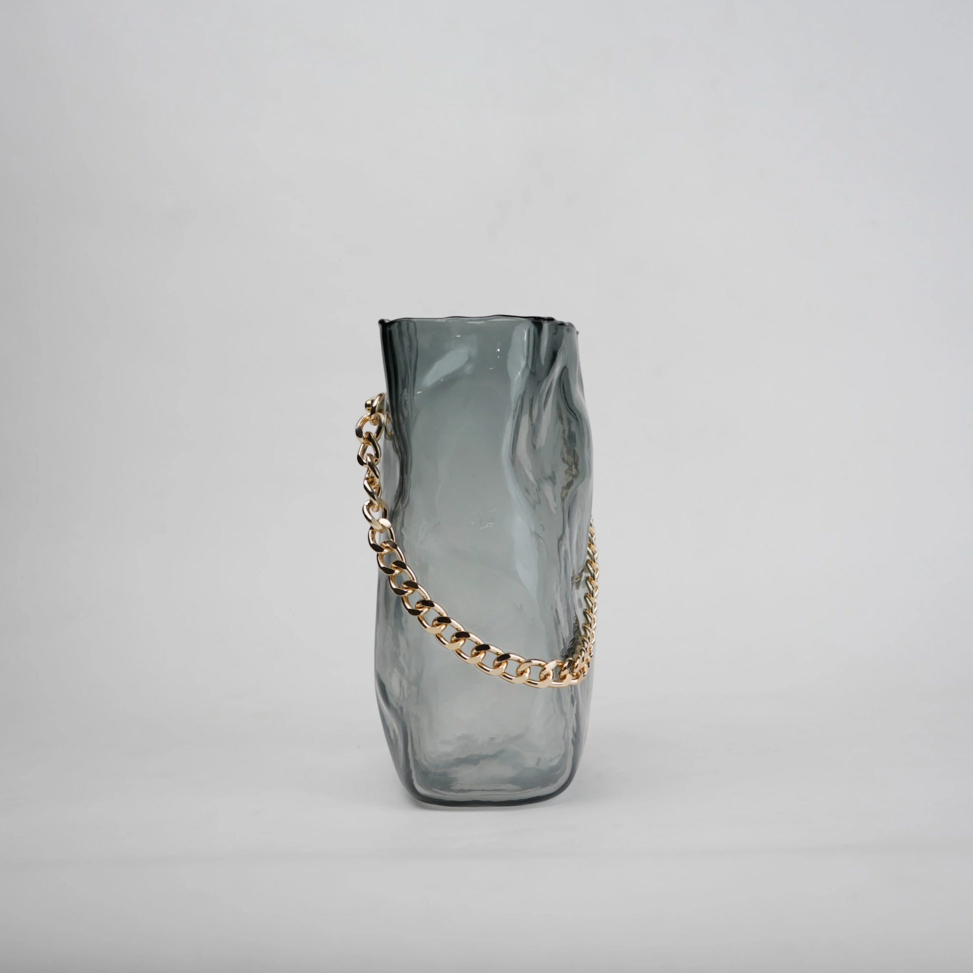 grey chain glass vase with gold chain detail