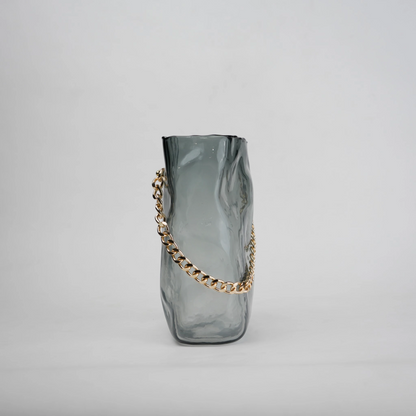 grey chain glass vase with gold chain detail