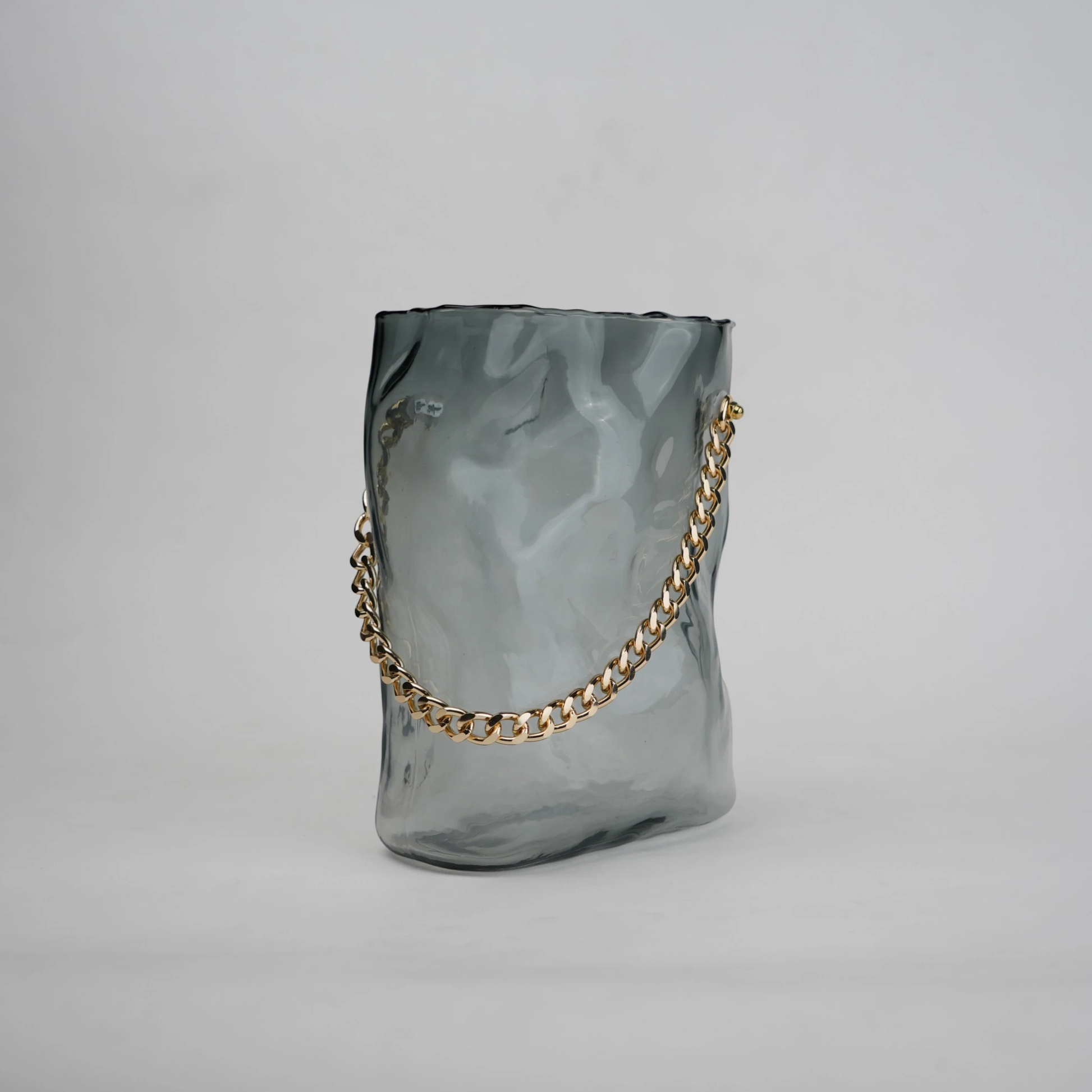 grey chain glass vase with gold chain detail