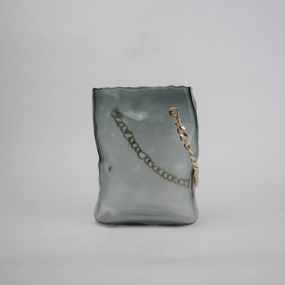 grey chain glass vase with gold chain detail