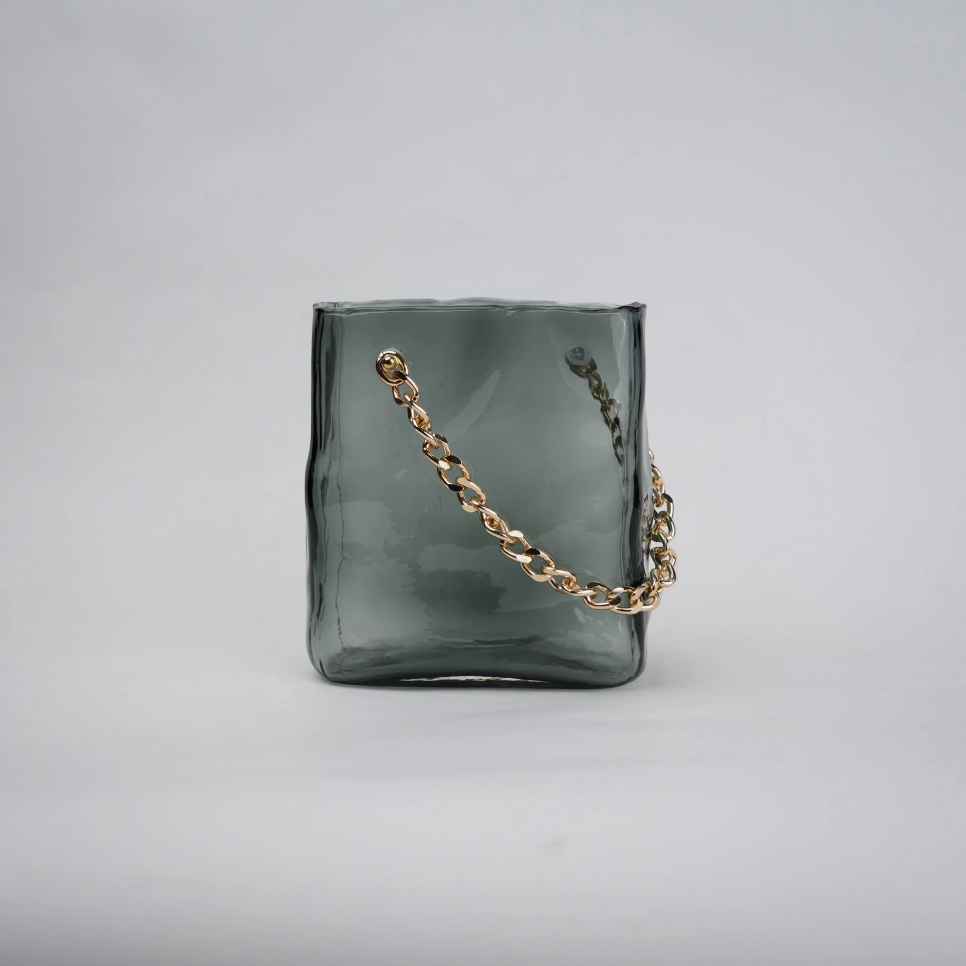 grey chain glass vase with gold chain detail