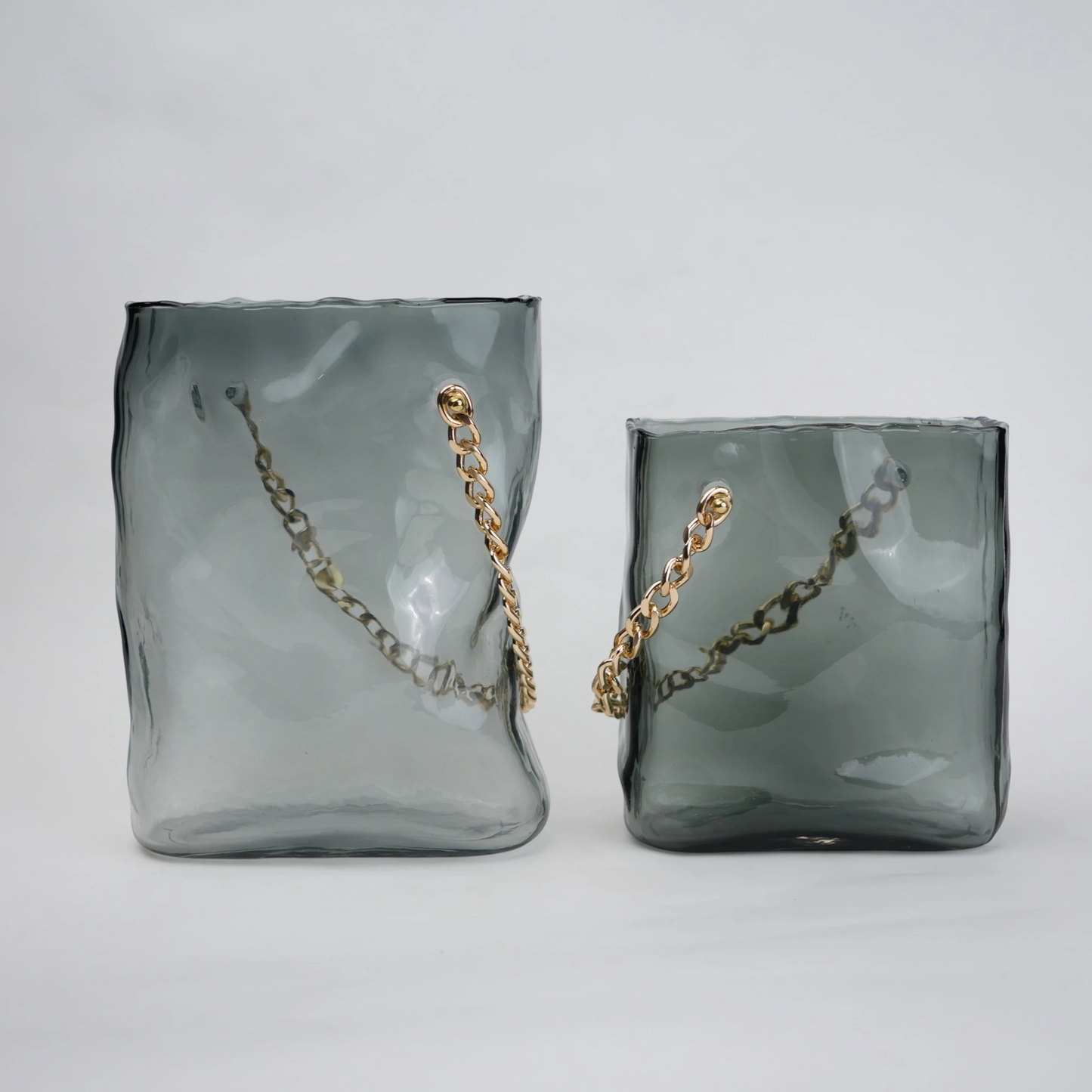 grey chain glass vase with gold chain detail