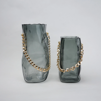 grey chain glass vase with gold chain detail