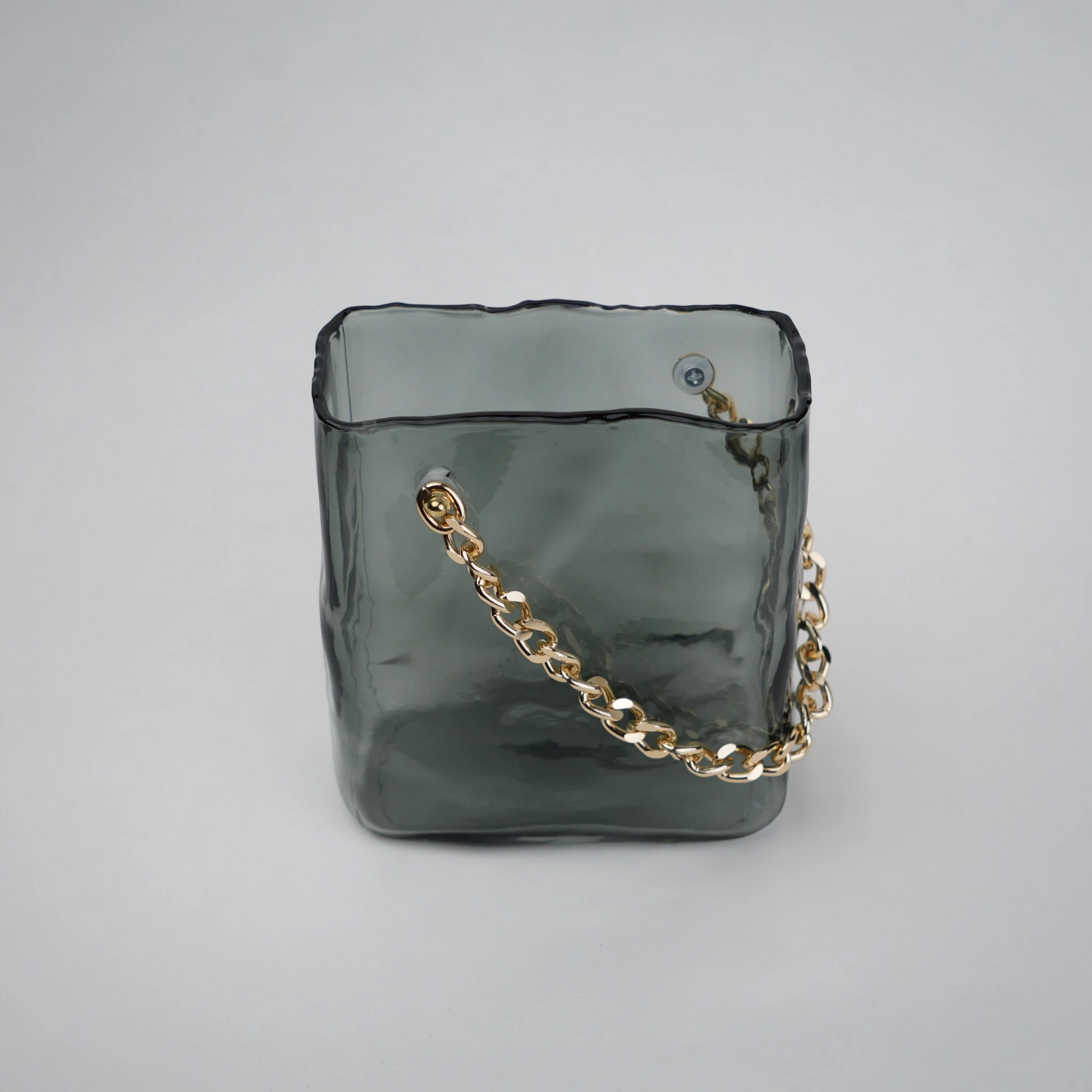grey chain glass vase with gold chain detail