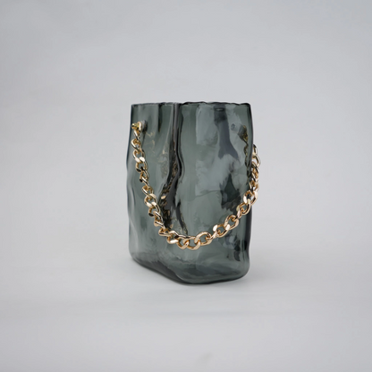 grey chain glass vase with gold chain detail