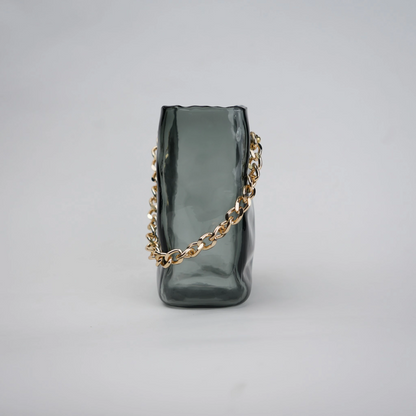 grey chain glass vase with gold chain detail