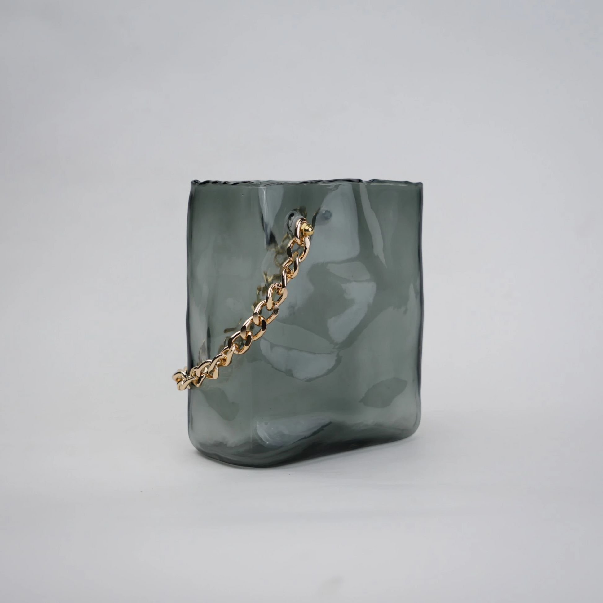 grey chain glass vase with gold chain detail