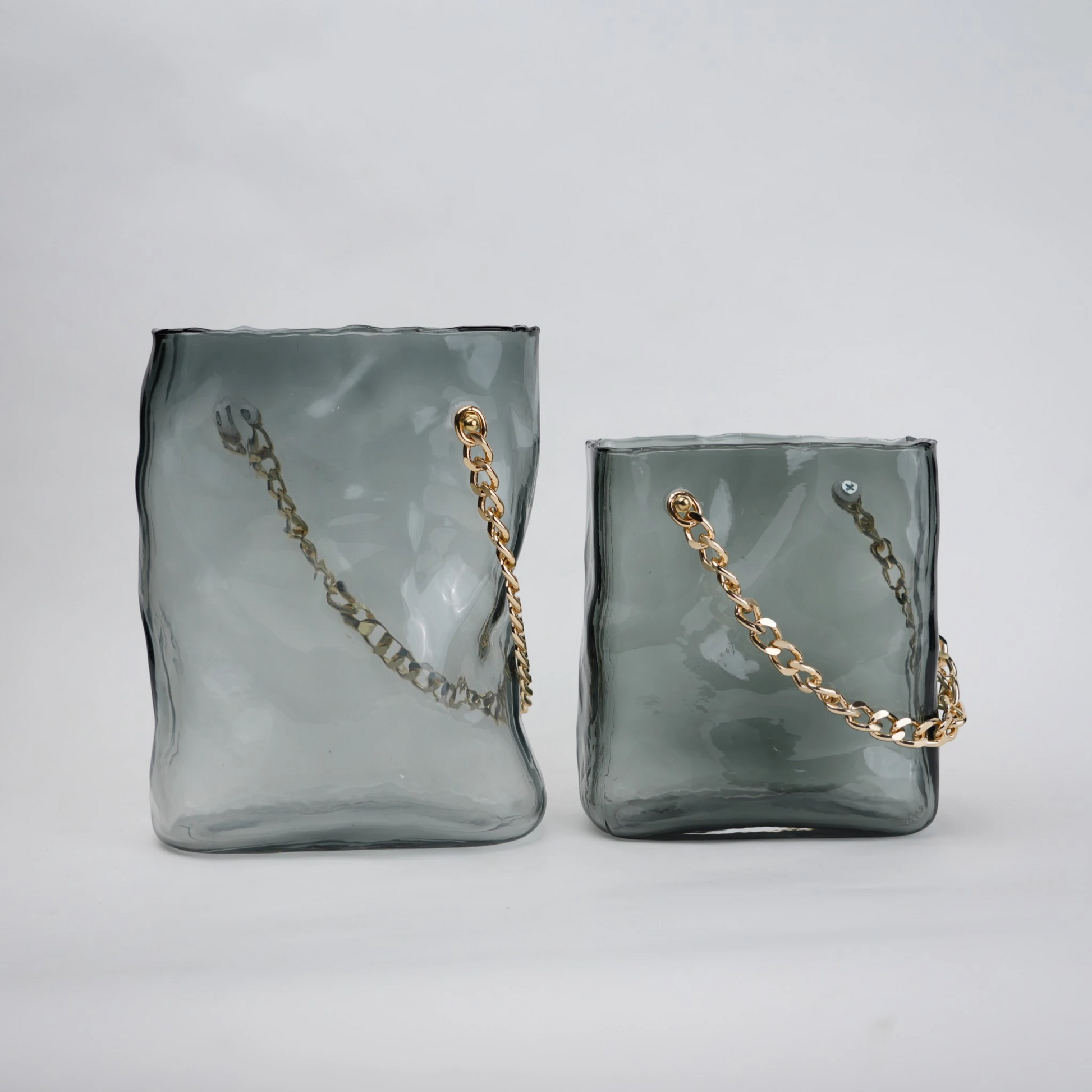 grey chain glass vase with gold chain detail