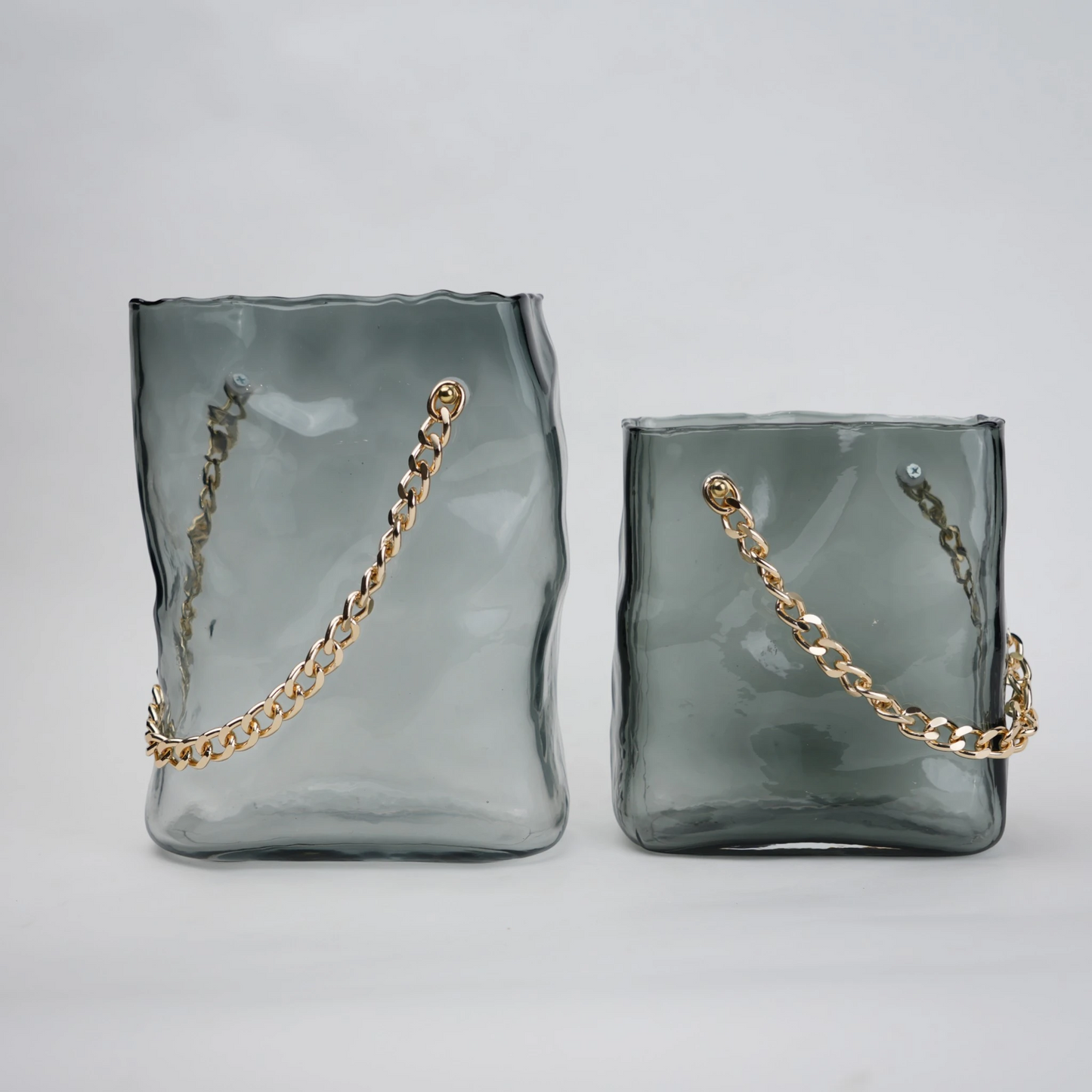 grey chain glass vase with gold chain detail
