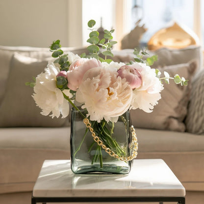 Small gold chain vase w/ peony on marble
