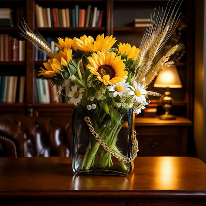 Small gold chain vase w/ sunflowers, study