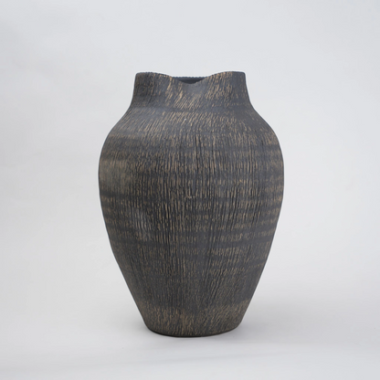 textured charcoal ceramic vase with angled rim
