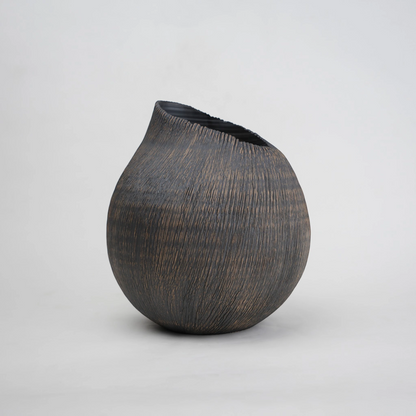 textured charcoal ceramic vase with angled rim