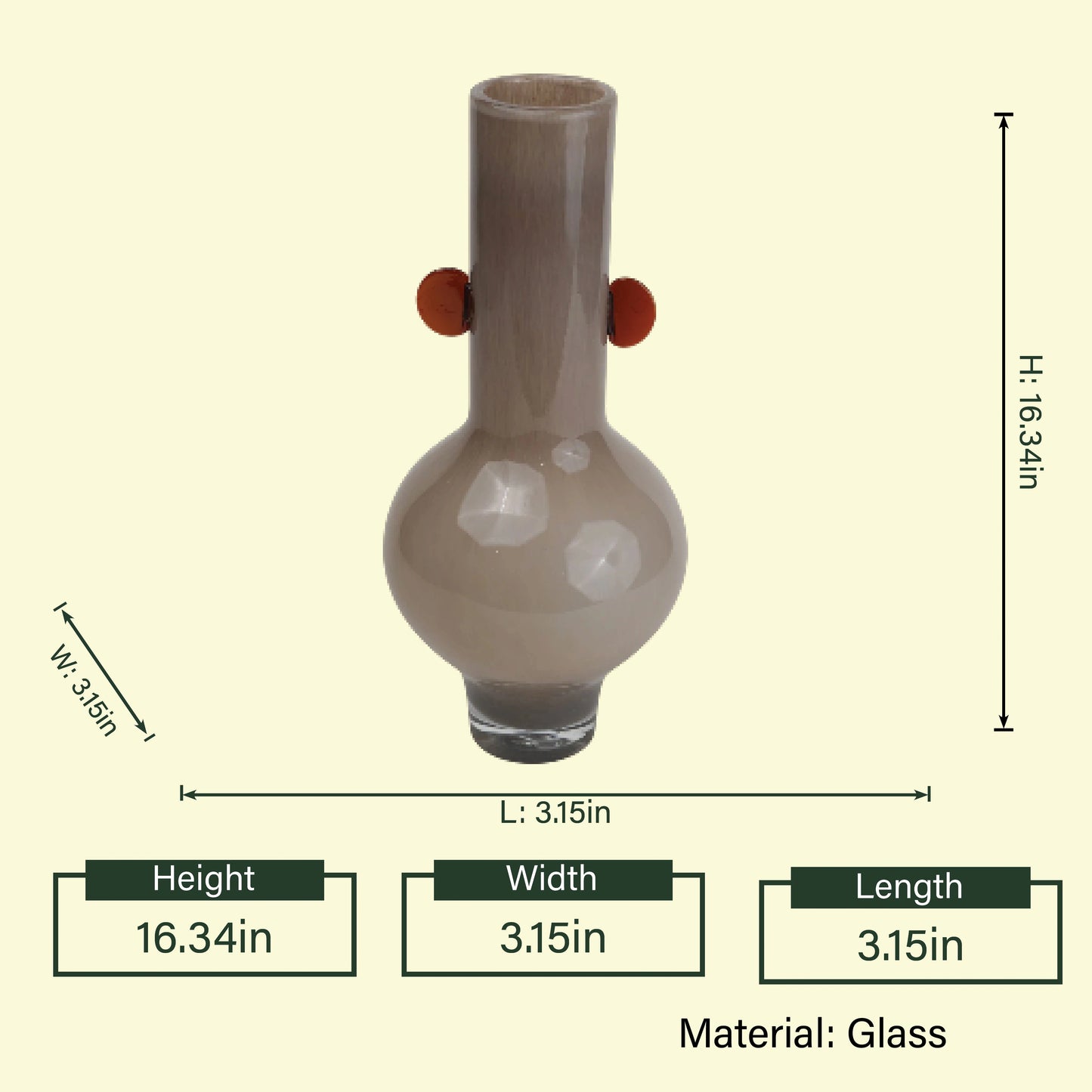 Beige accent bud vase scale diagram, 16in