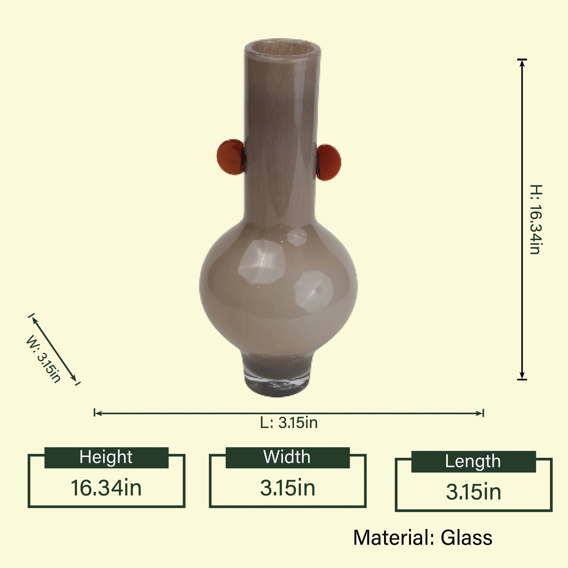 Beige accent bud vase scale diagram, 16in
