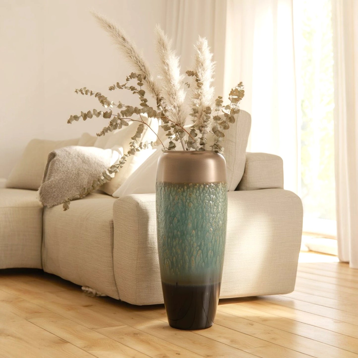 Large teal gold vase w/ pampas, sunlit