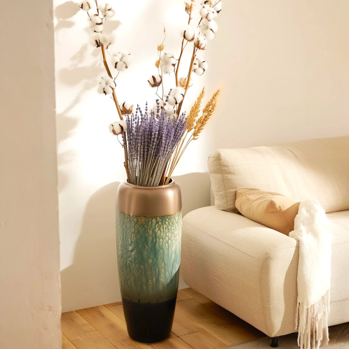 Large teal gold vase w/ cotton & lavender