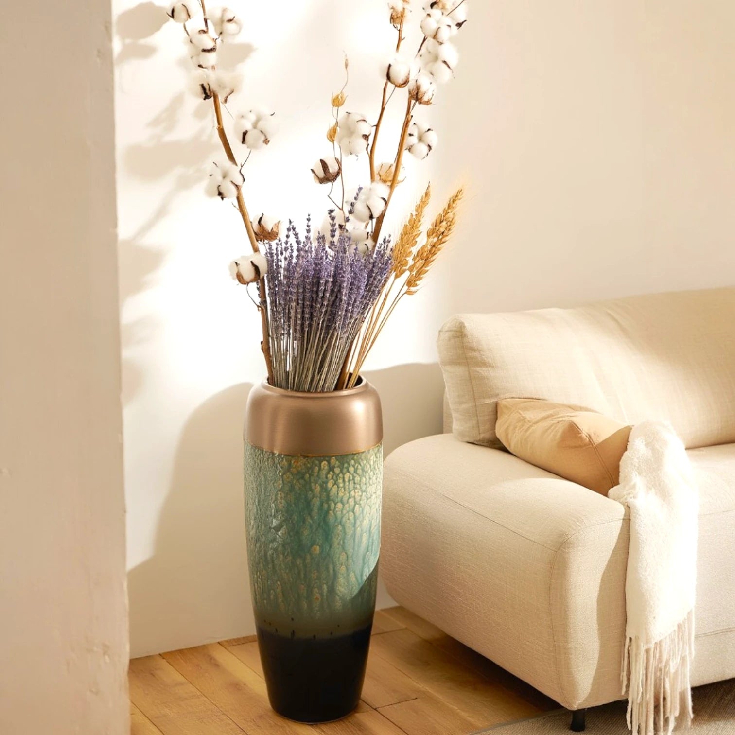 Large teal gold vase w/ cotton & lavender