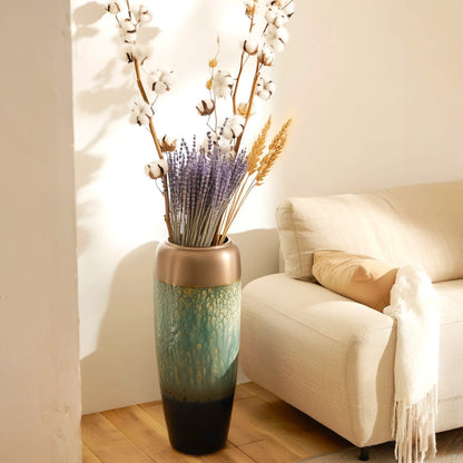 Large teal gold vase w/ cotton & lavender